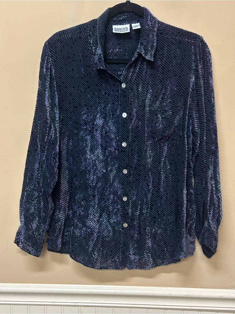 Chicos Design Shirt Womens 1/M Velvet Burnout Sheer Tunic Top Boho Artsy